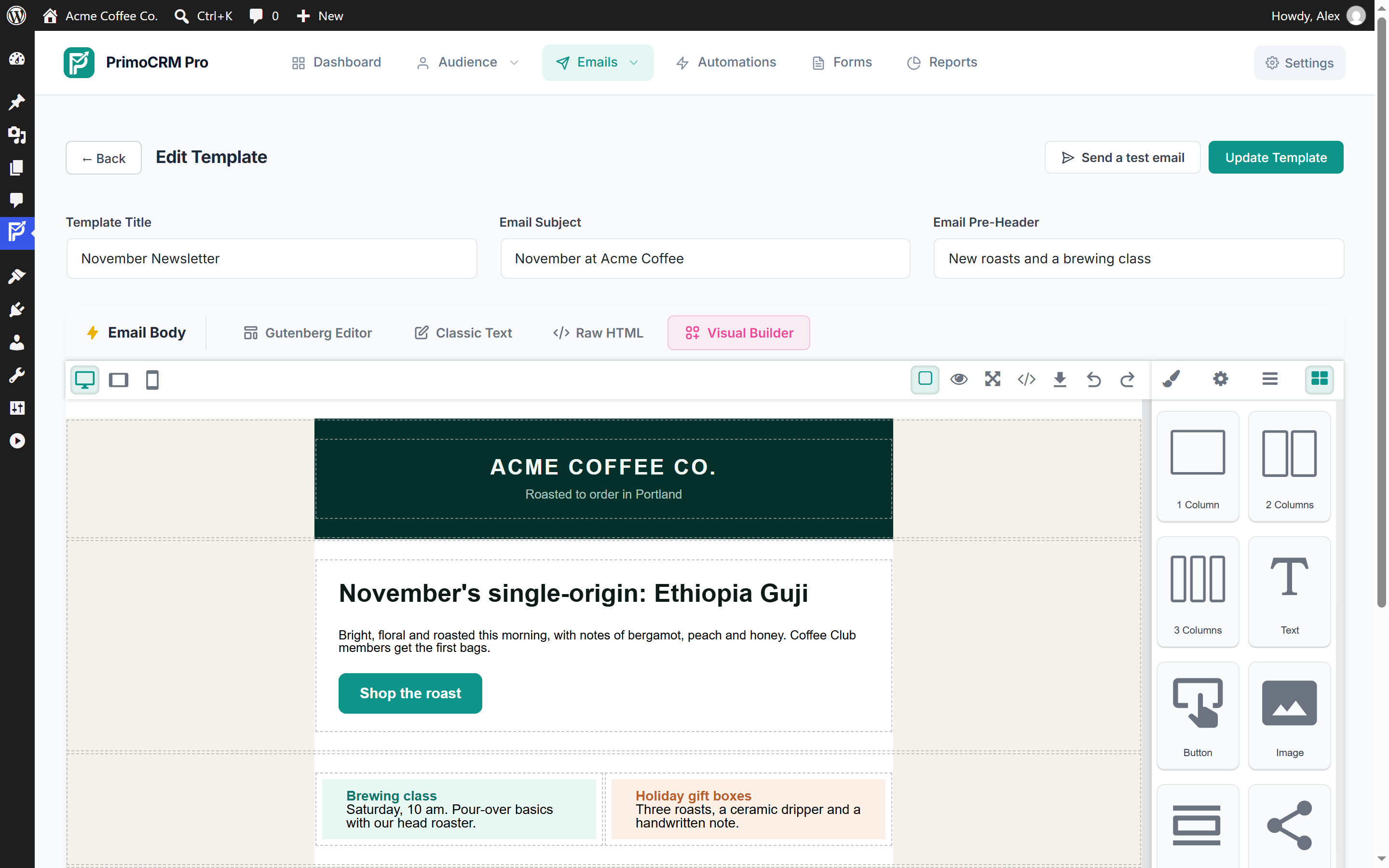 PrimoCRM Pro: the drag-and-drop visual email builder.
