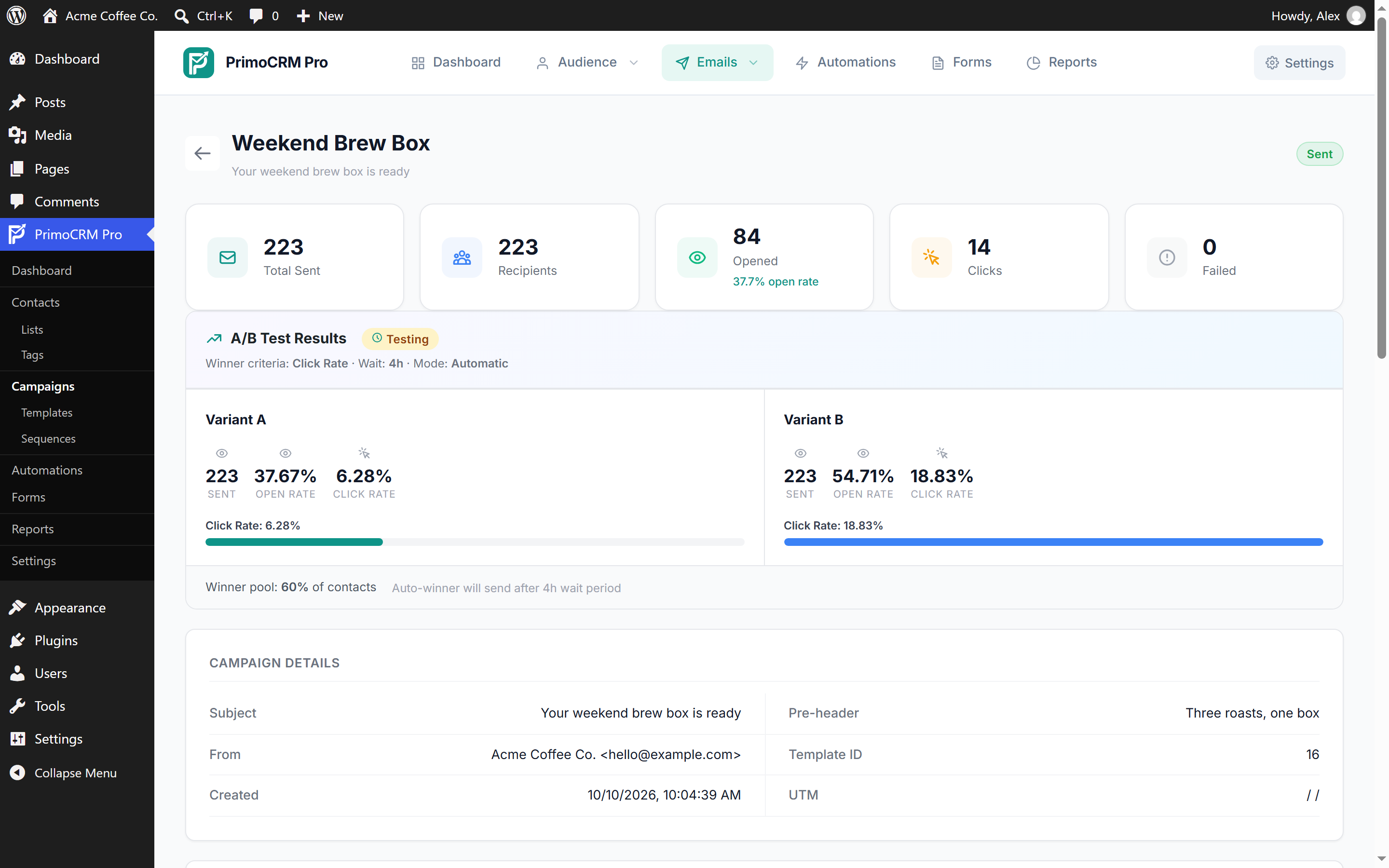 PrimoCRM Pro: A/B subject-line testing, with the winner sent to the rest of the list automatically.