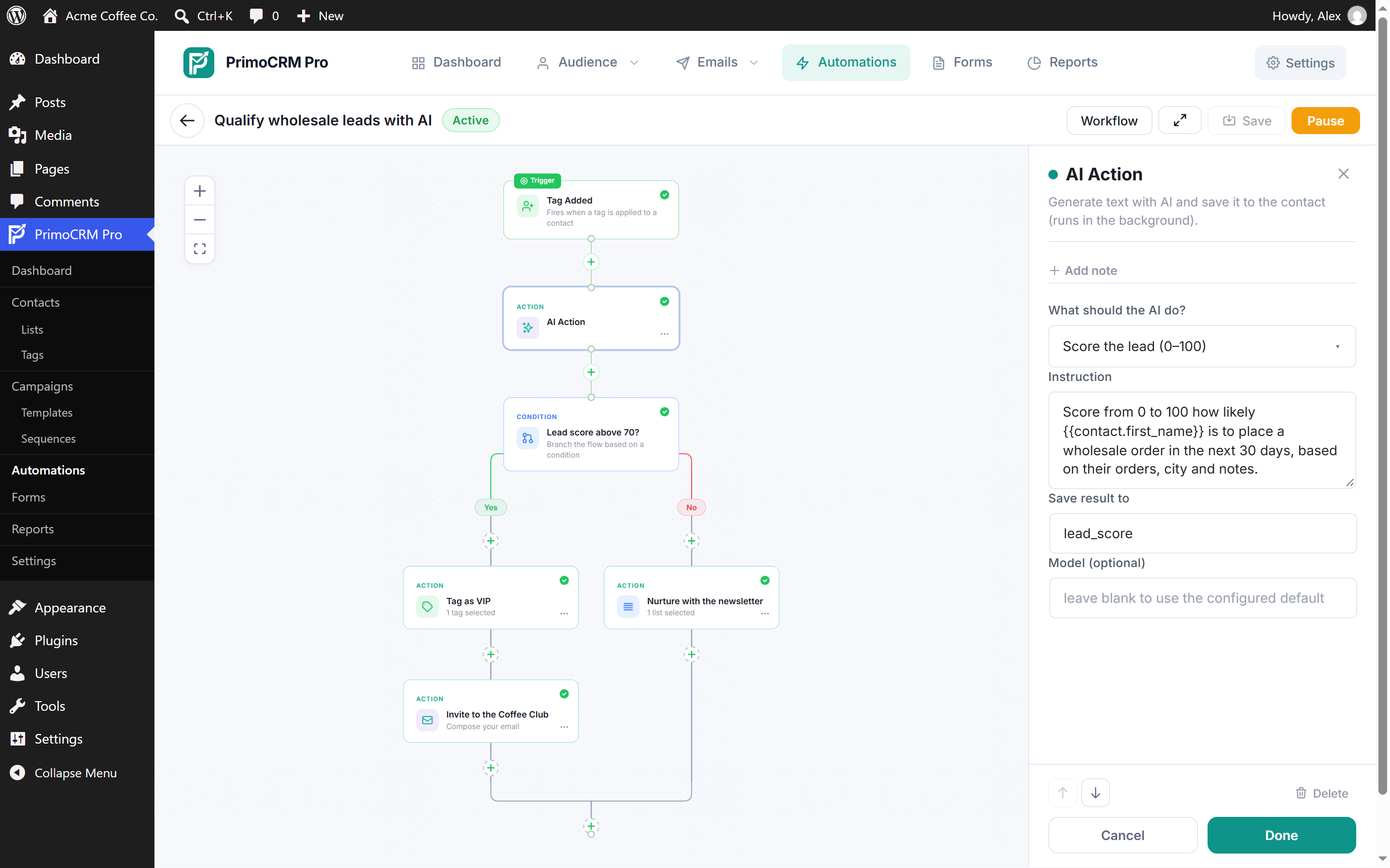 PrimoCRM Pro, AI plan: an AI Action scores each lead, and the automation branches on the score.
