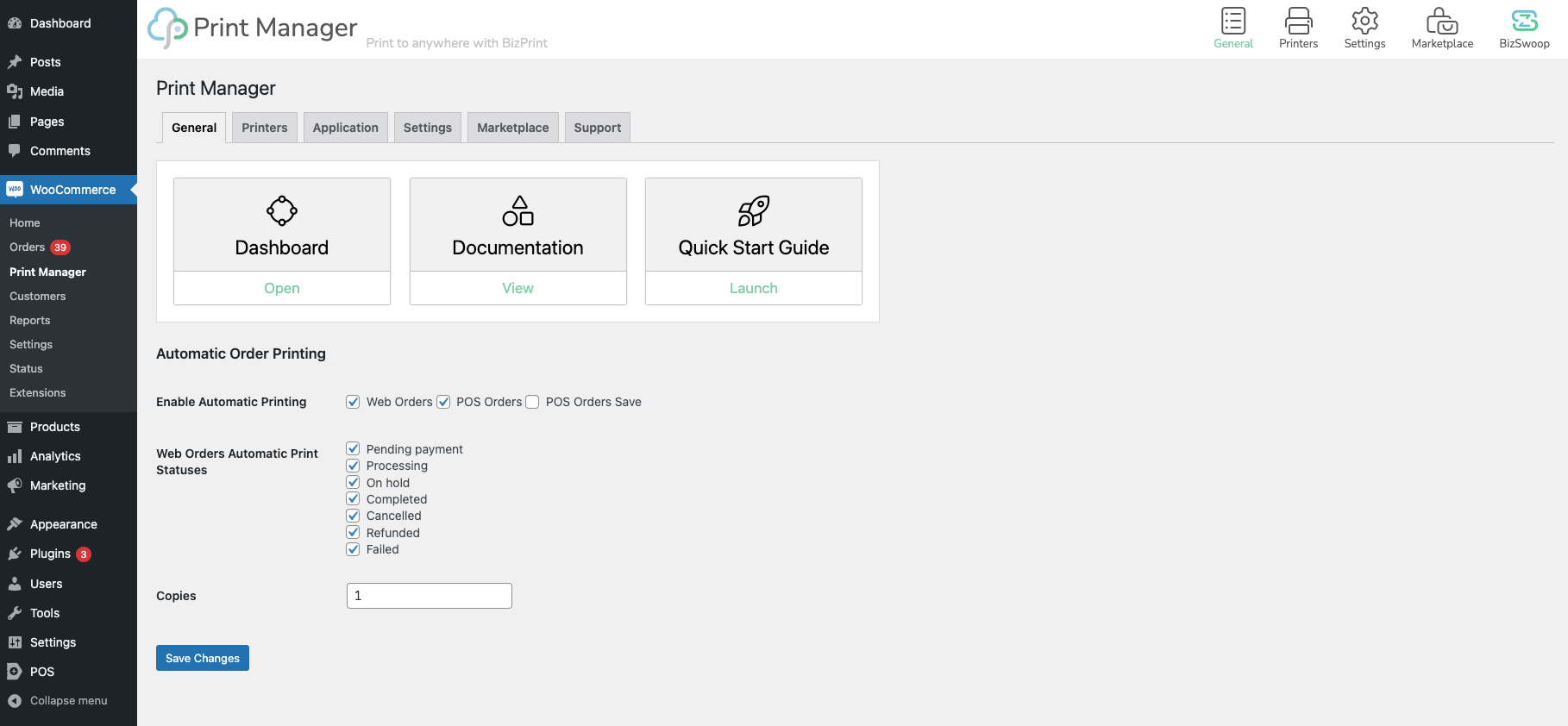 <p>General Settings Tab for Print Template & Automatic Printing</p>