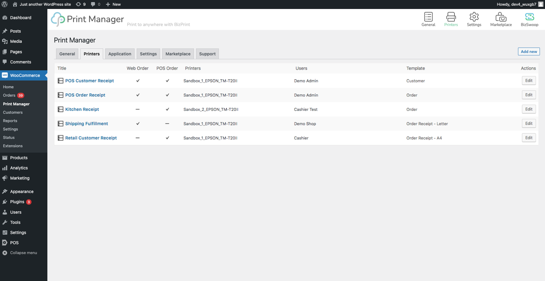 <p>Printers Tab Showing List of All Configured Printers with BizPrint Cloud</p>