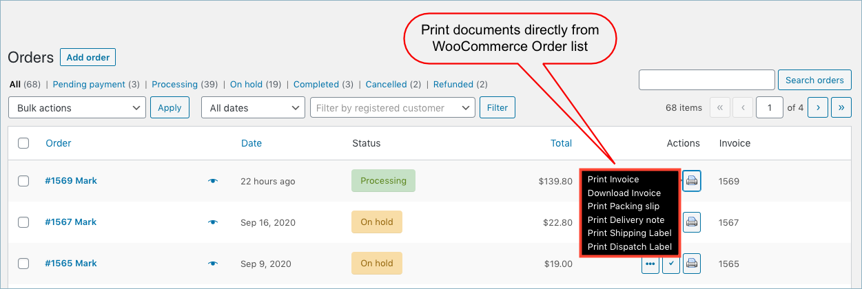 Print from WooCommerce Orders lists