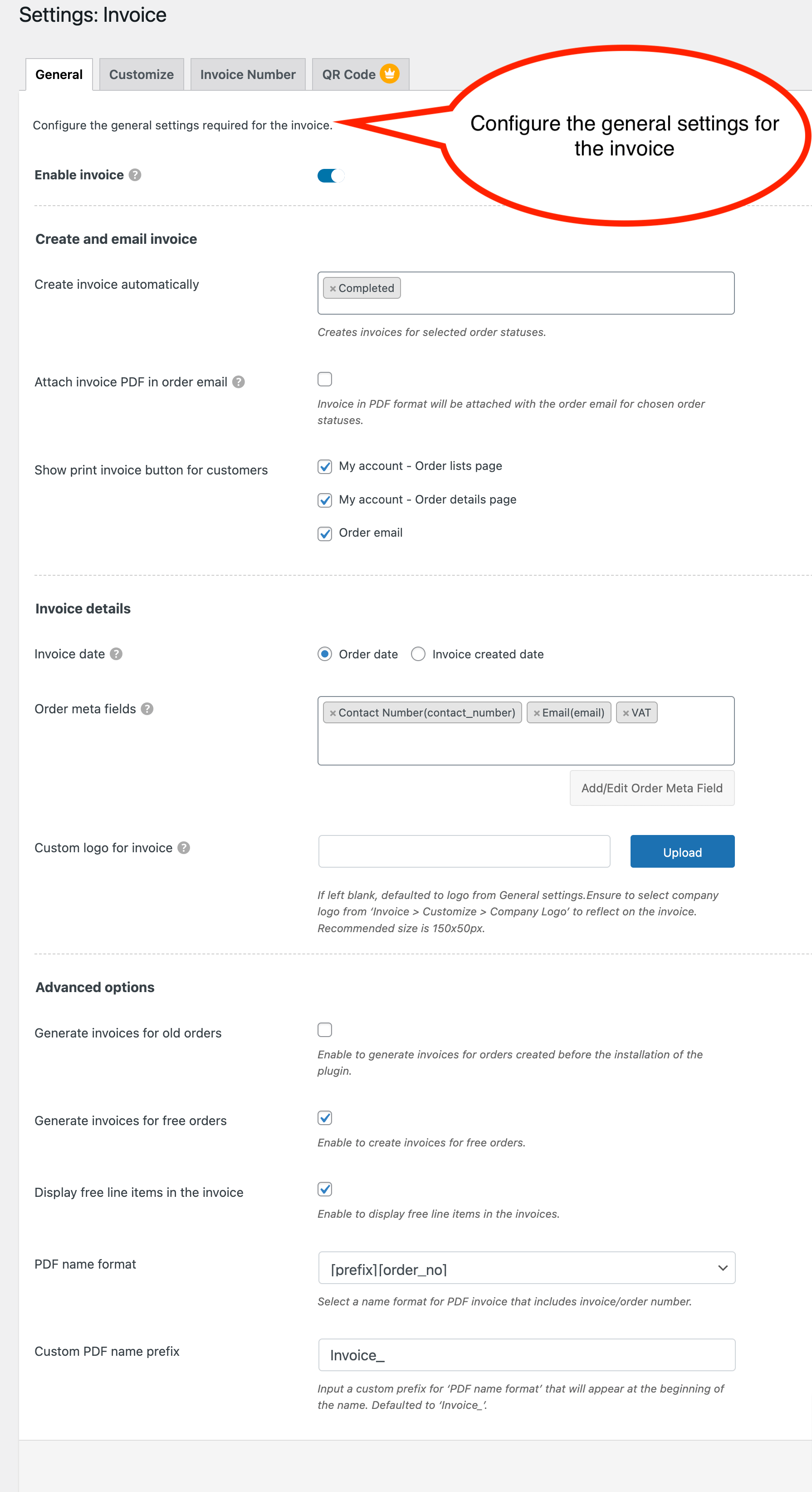 Invoice general settings