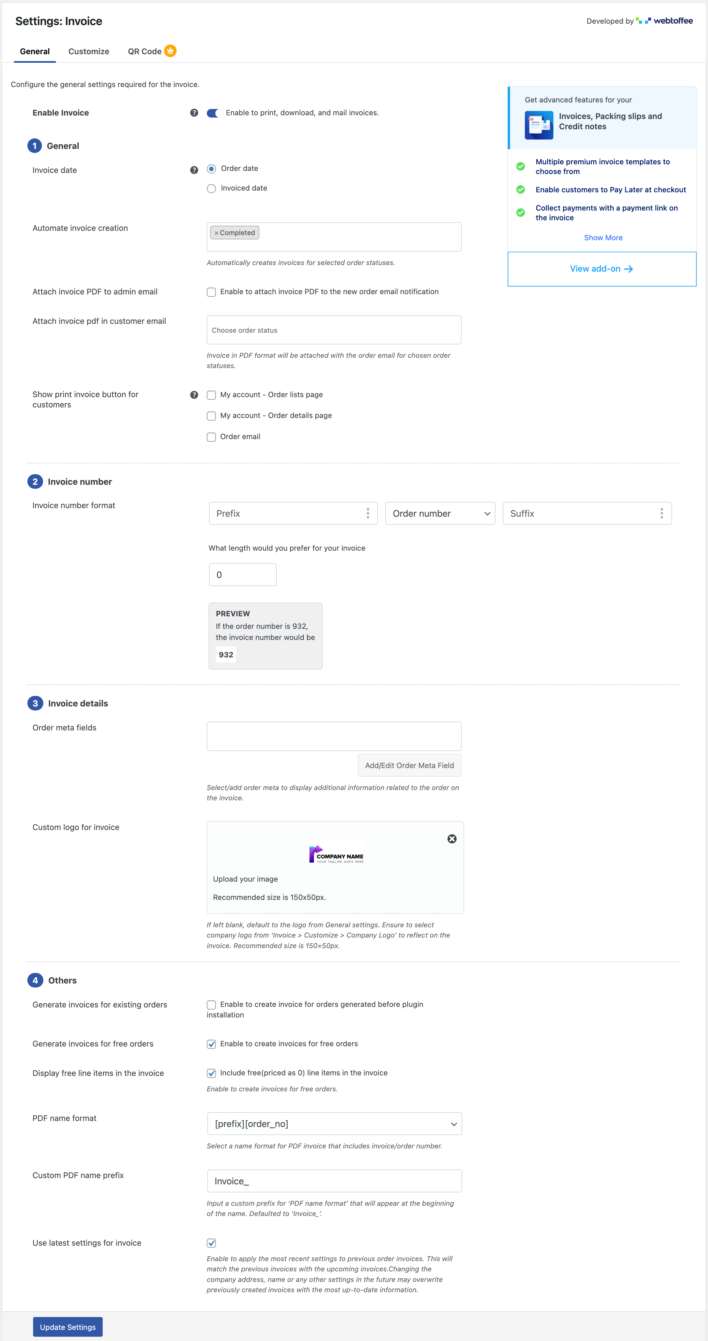 Invoice general settings