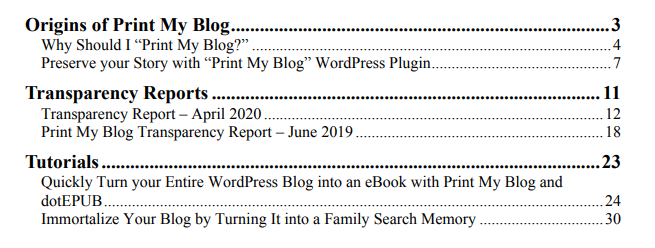 Pro Print print-ready PDF table of contents. Notice the page references and how the content is grouped into 3 parts.