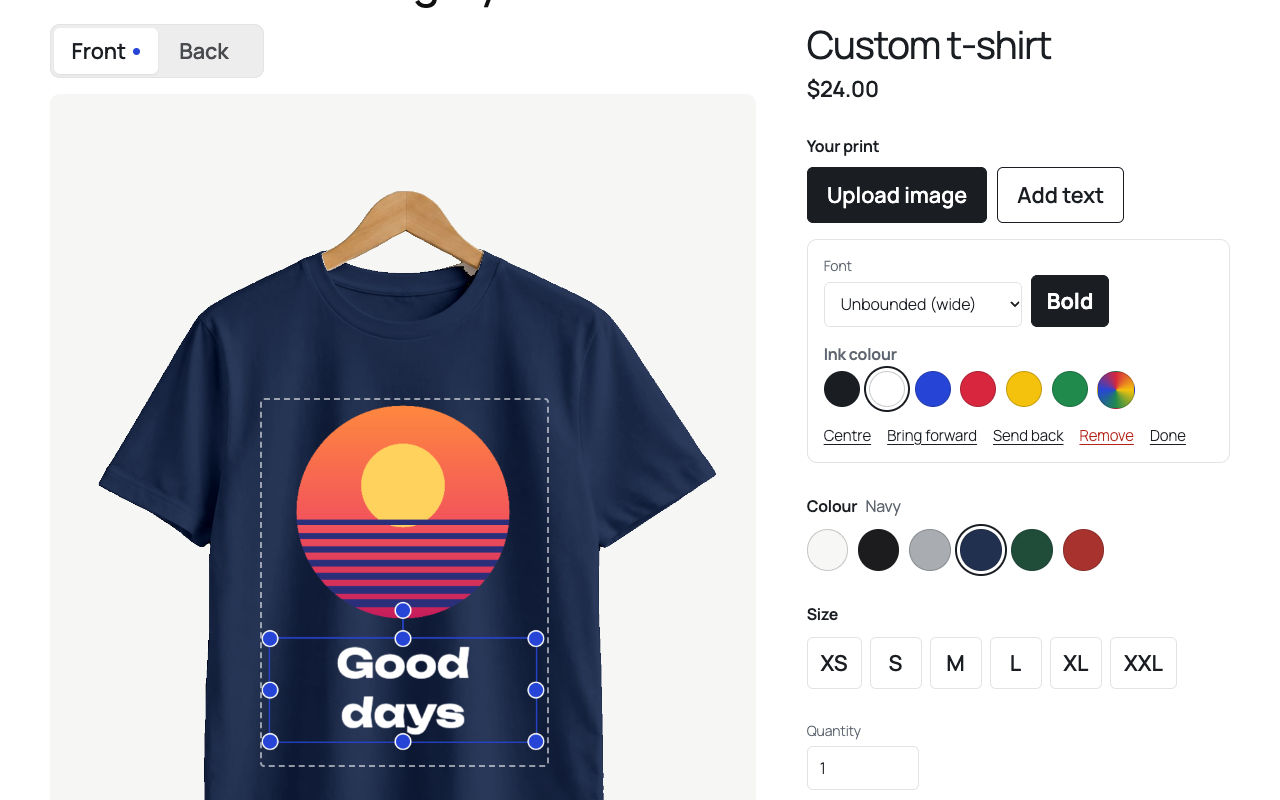 The designer: text in a choice of fonts on the front, the print area, colour and size.
