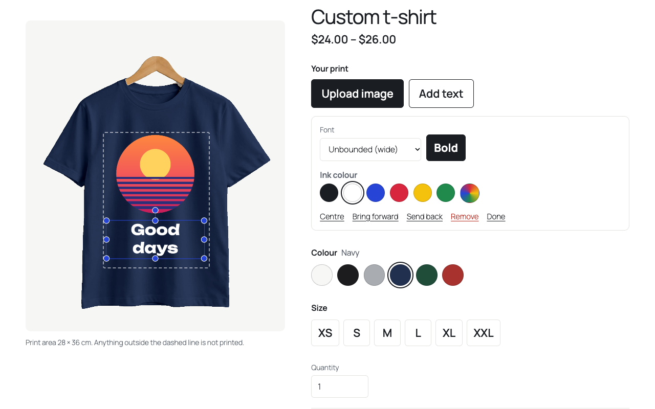 The designer: text in a choice of fonts on the front, the print area, colour and size.