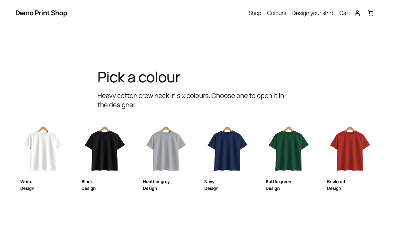 The Colours block: every colour of the product, each opening the designer in that colour.