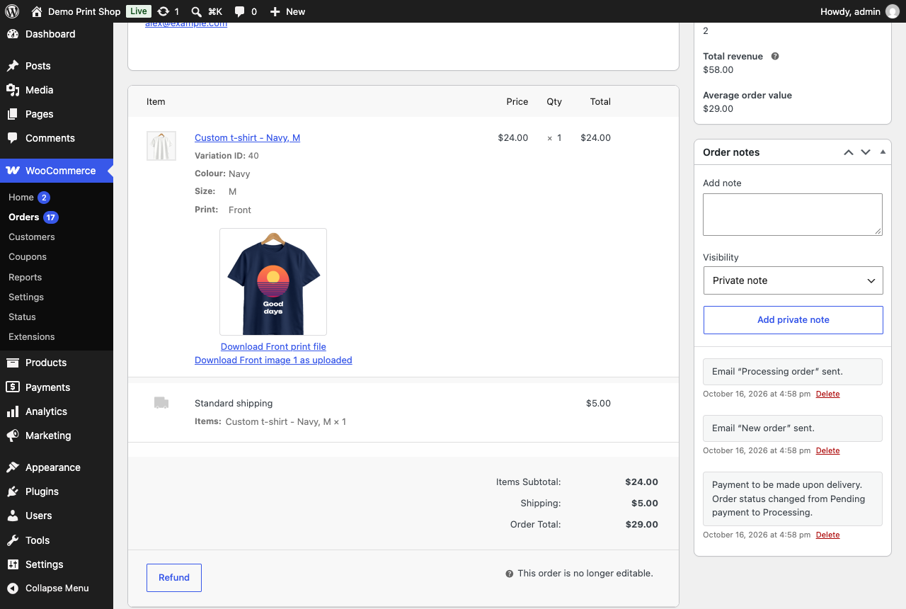 An order: each side's preview to download; the print-ready file and the customer's original images are PrintBlob Pro's.