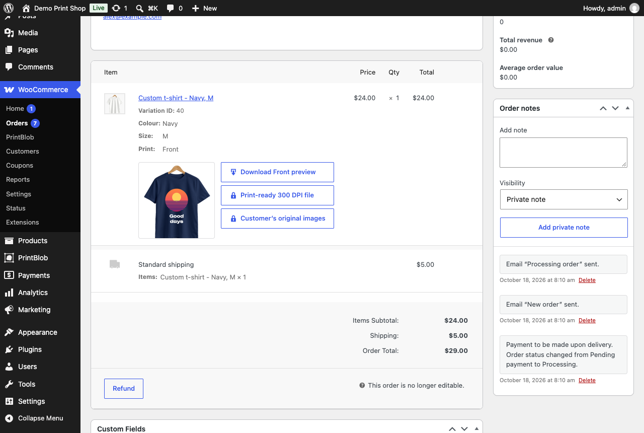 An order: each side's preview to download; the print-ready file and the customer's original images are PrintBlob Pro's.