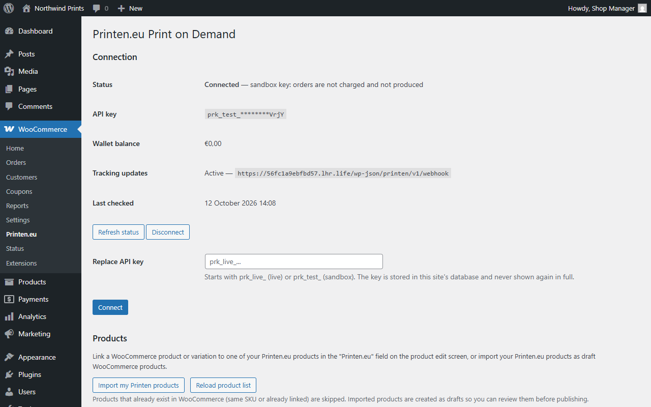 Settings page: connect with your Printen.eu API key and see your wallet balance.