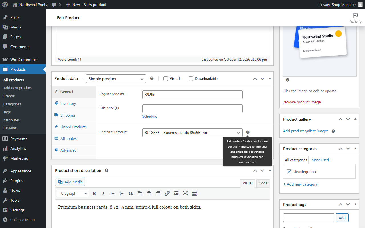 Product edit screen: link a product or variation to a Printen.eu product.