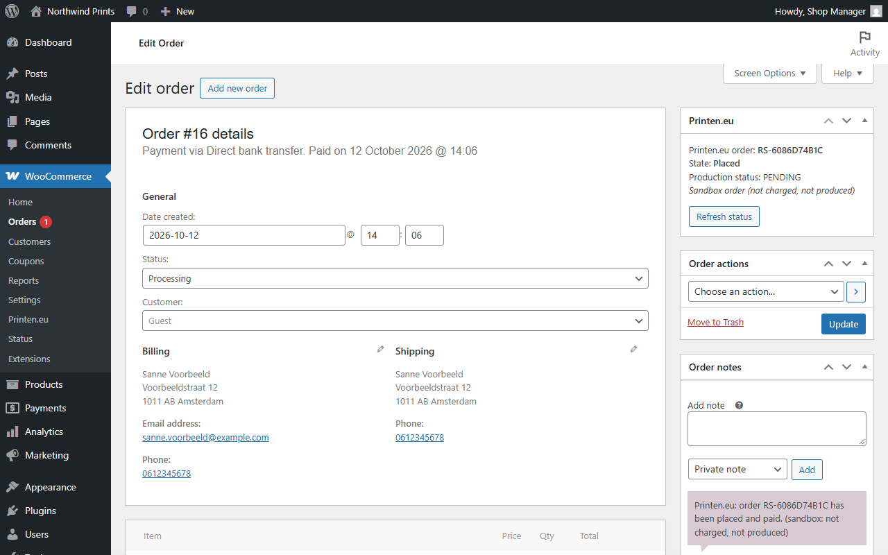 Order screen: Printen.eu order number, state and tracking, with "Send to Printen.eu" and "Refresh status".
