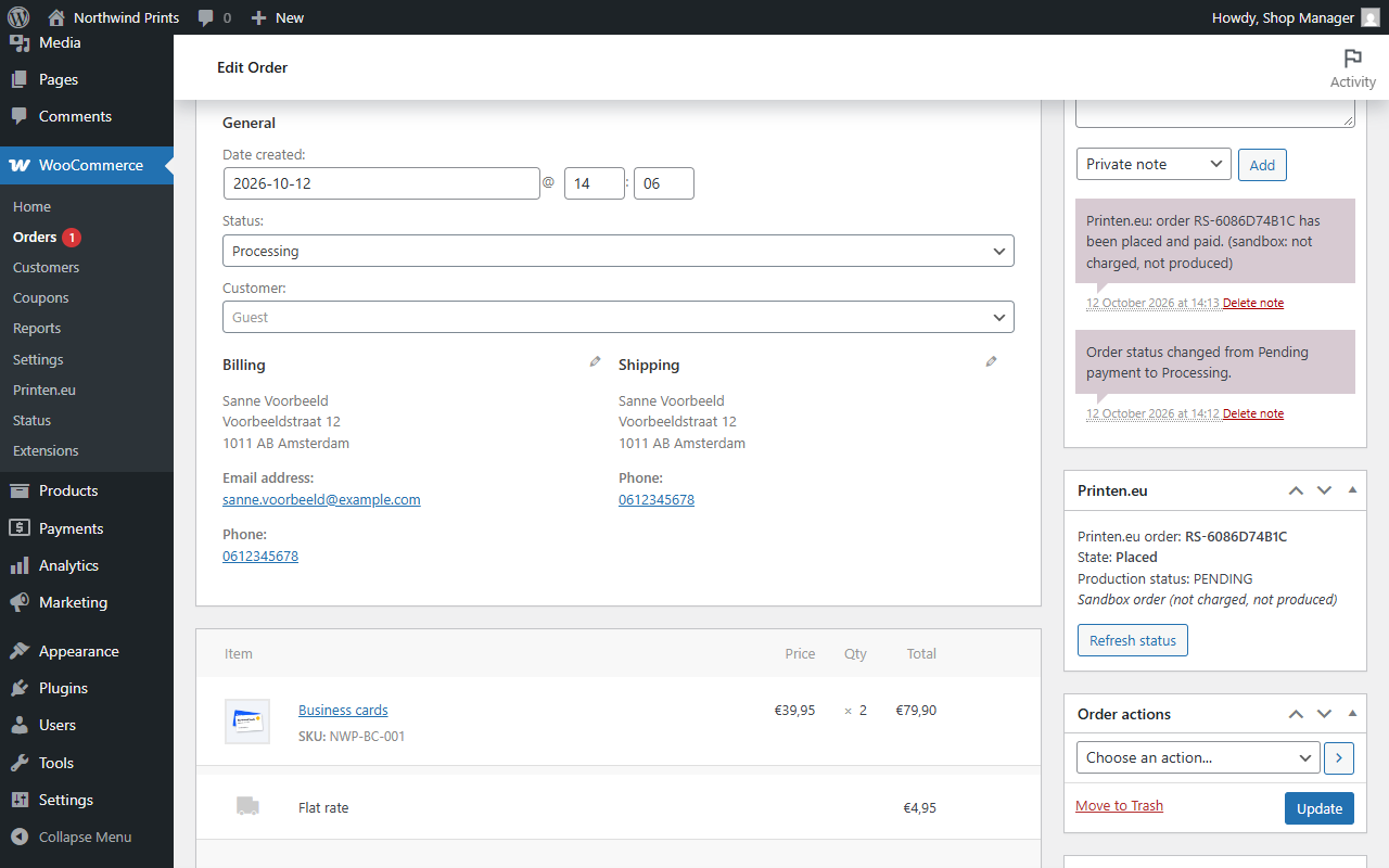 Order notes: forwarding, tracking and status updates from Printen.eu.