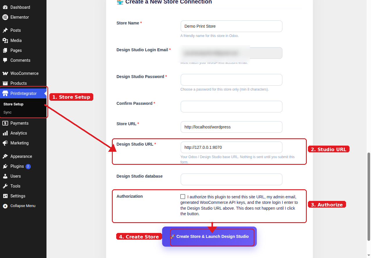Setup guide — Store Setup: enter Design Studio URL and authorize the connection.
