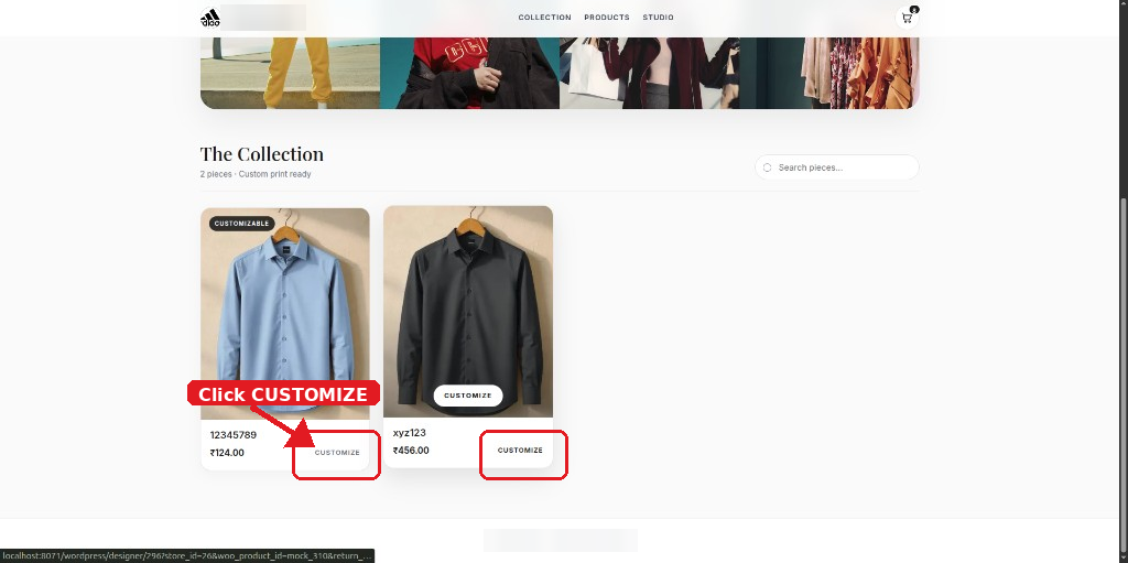 Setup guide — Storefront collection: click Customize on a product.