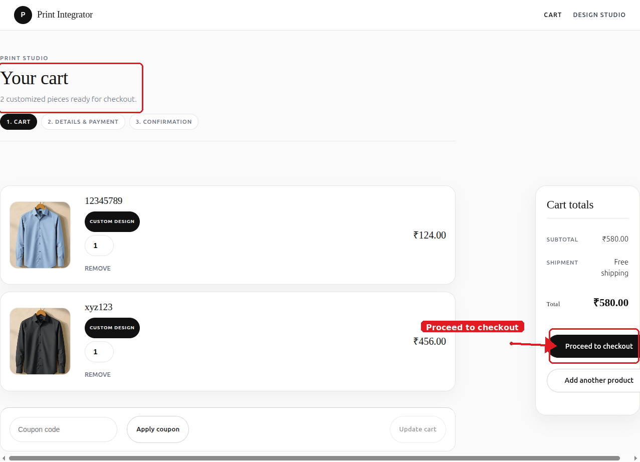 Setup guide — WooCommerce cart with design preview images.