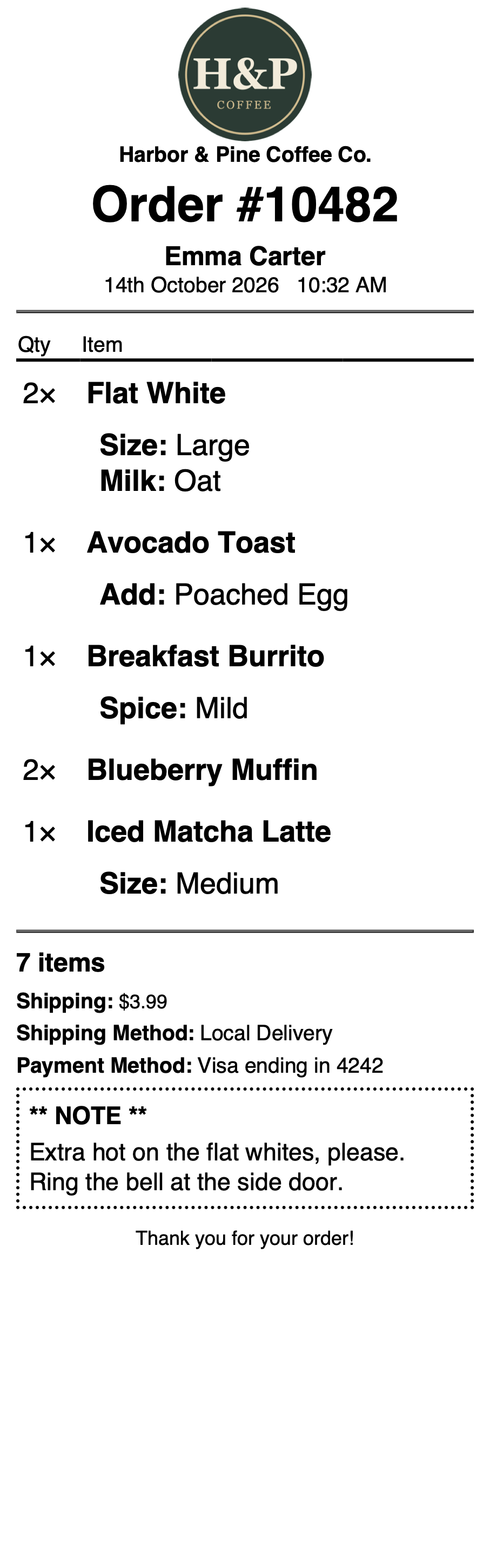 Kitchen Ticket with oversized items for the kitchen (Printus Template Generator).