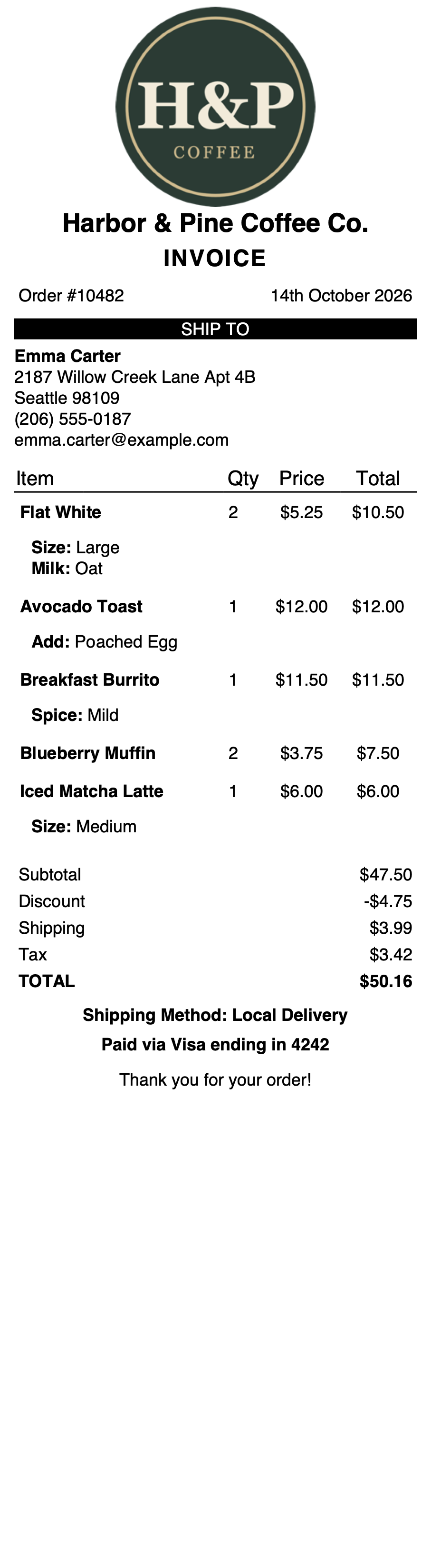 Compact Invoice for receipt printers (Printus Template Generator).