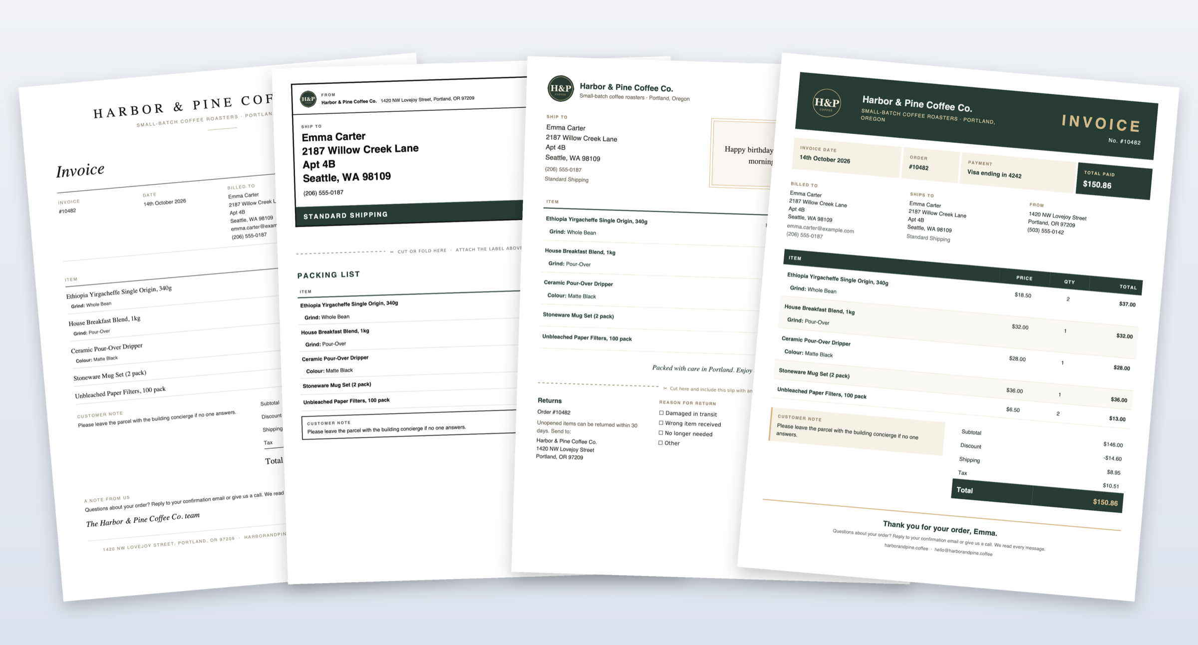 Custom office printer templates made with the Printus Template Generator: Editorial Invoice, Ship & Pack, Gift Packing Slip and Signature Invoice.