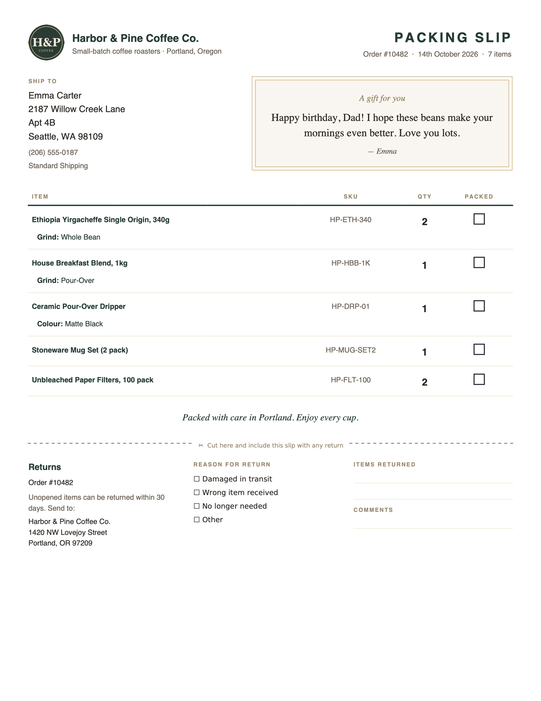 Gift Packing Slip with a gift message card and tear-off returns slip (Printus Template Generator).