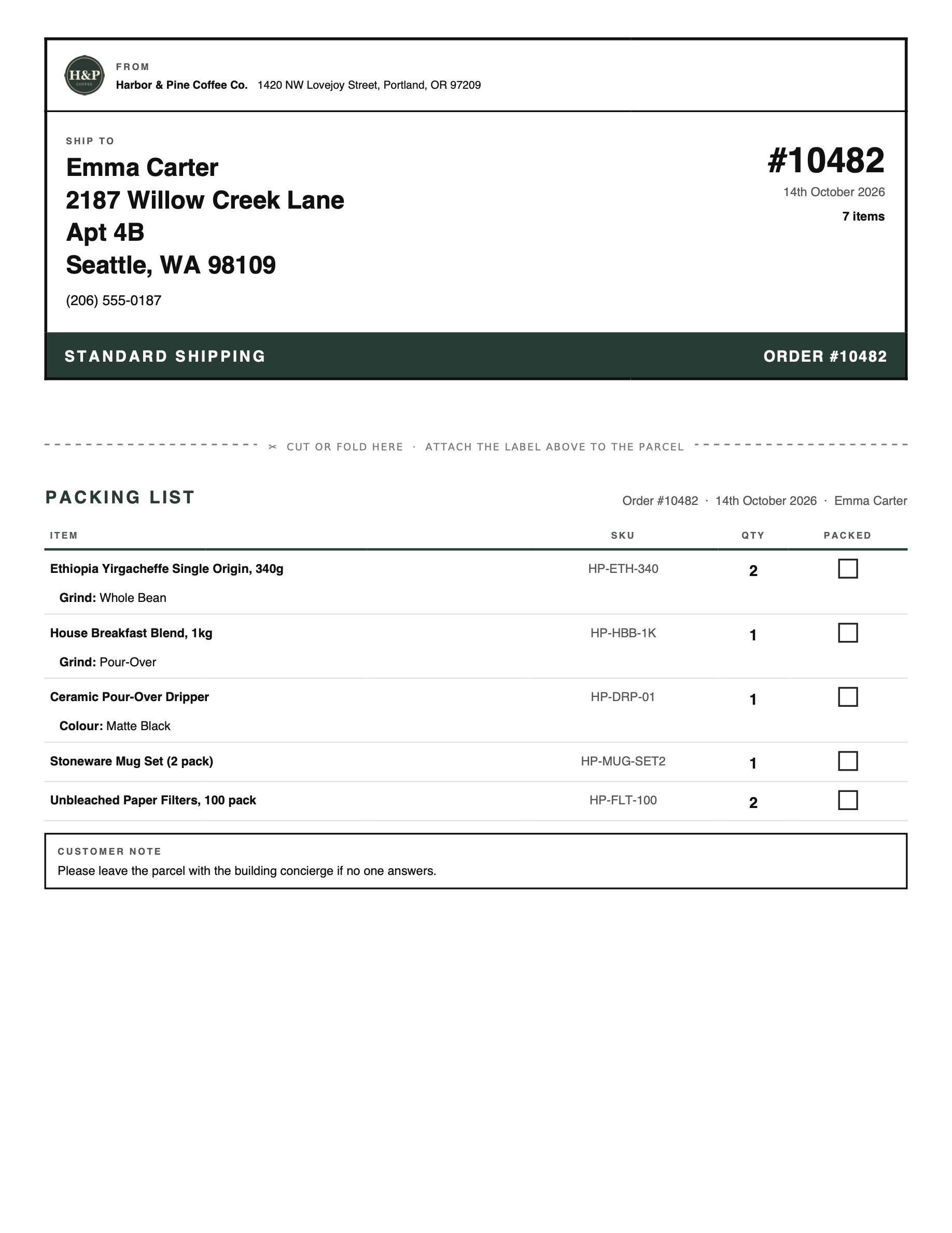 Ship & Pack: a shipping label and packing list on one sheet (Printus Template Generator).