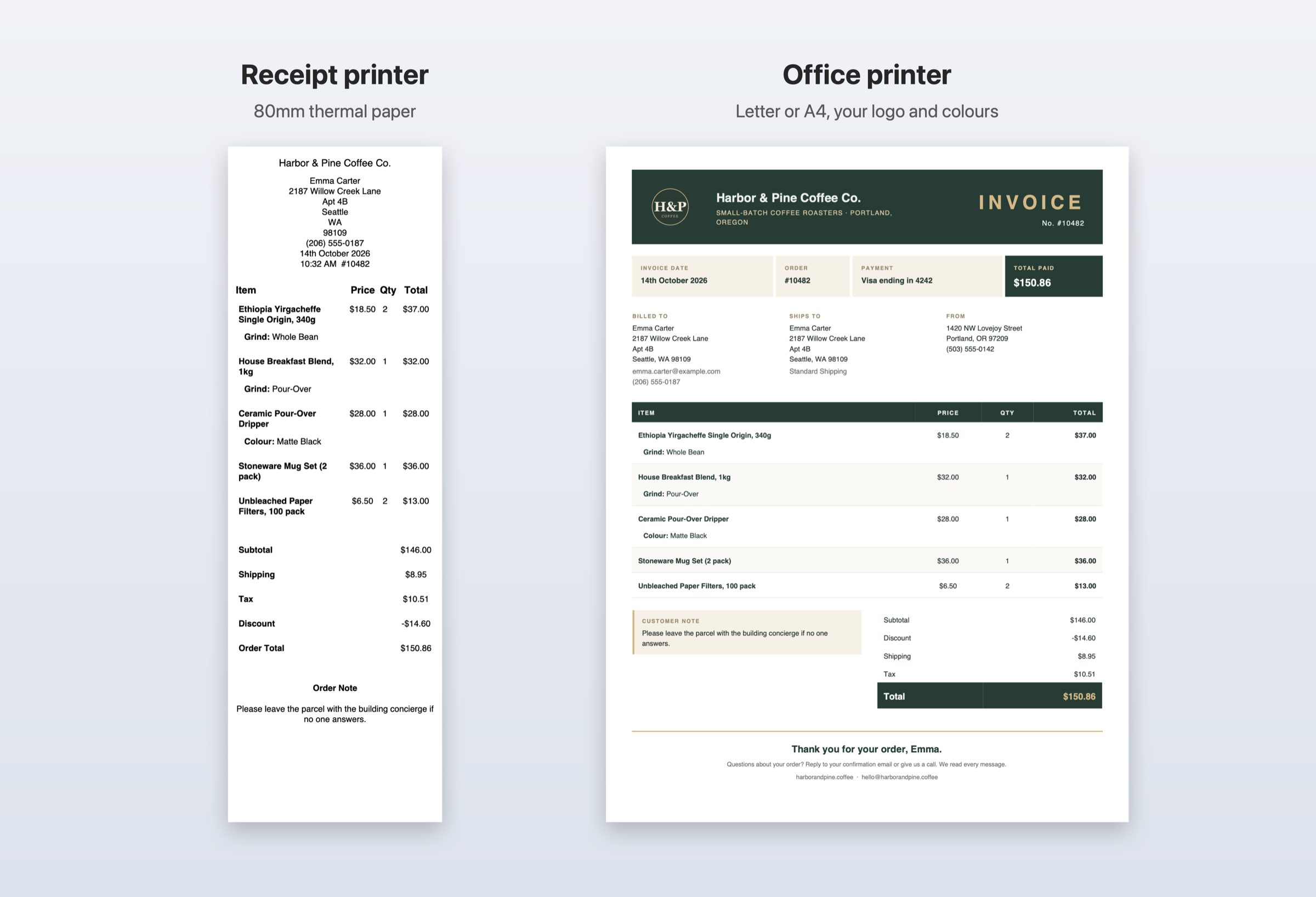 The same order on a receipt printer and an office printer.