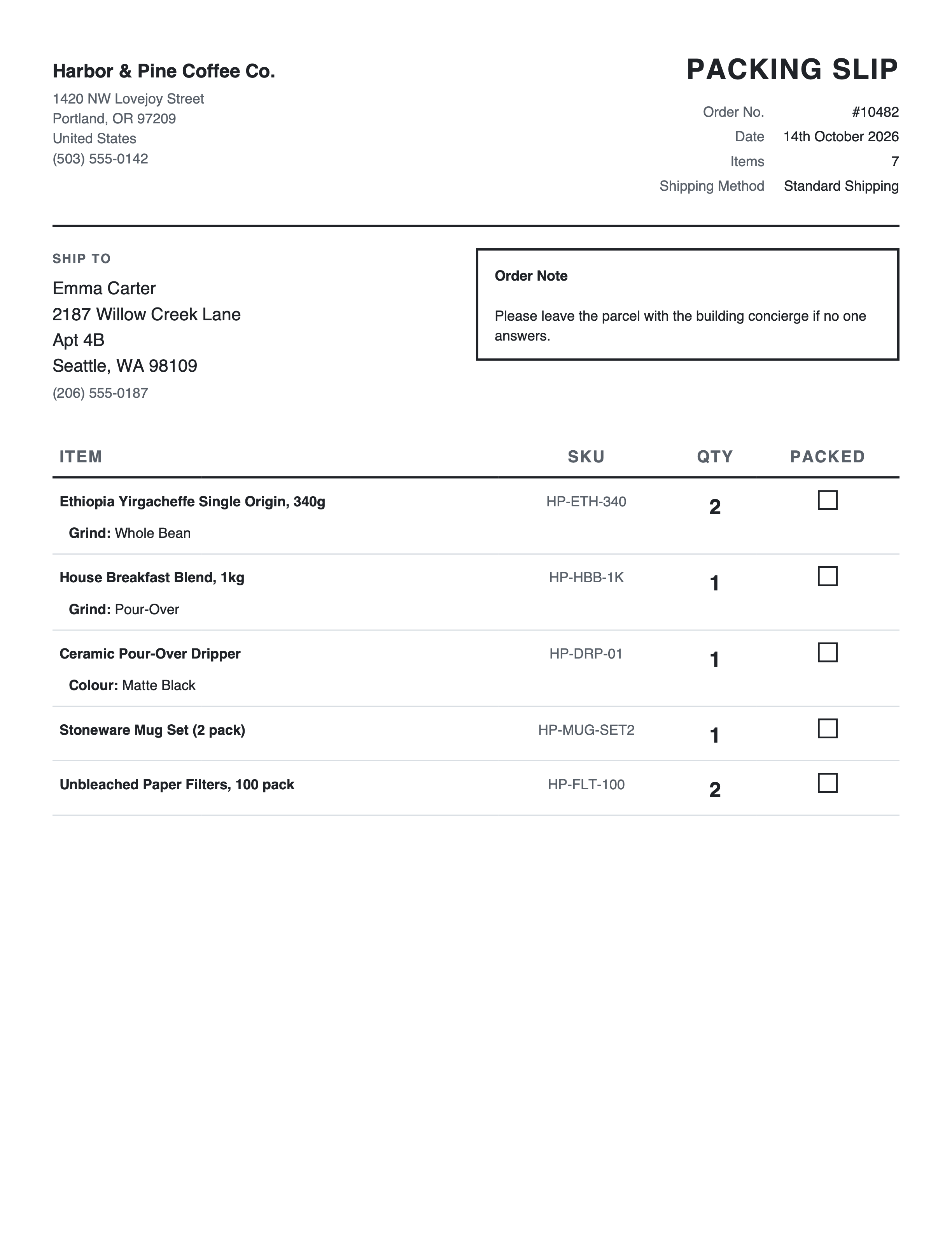 Packing Slip template.