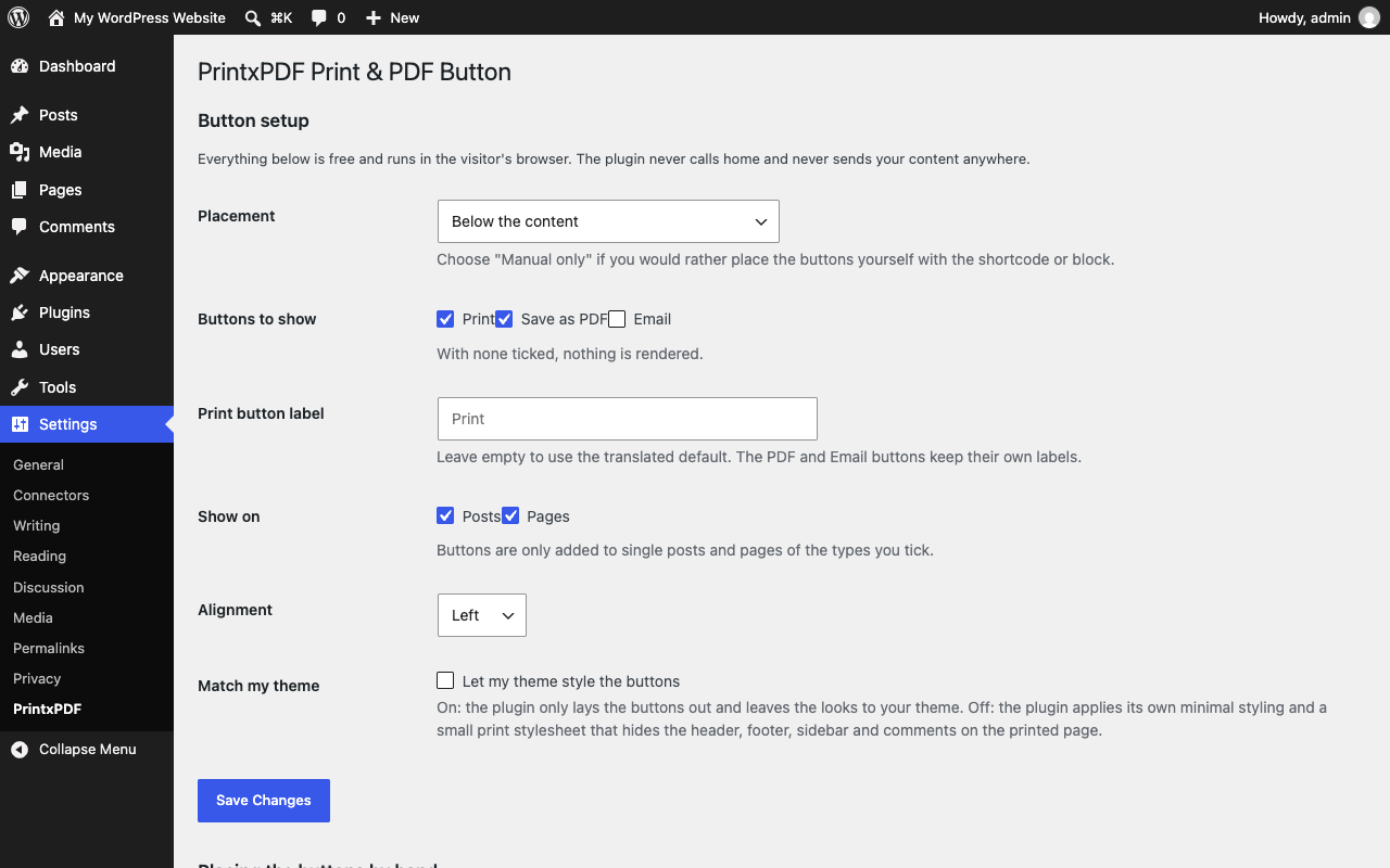Settings > PrintxPDF, with placement, buttons, post types and alignment.