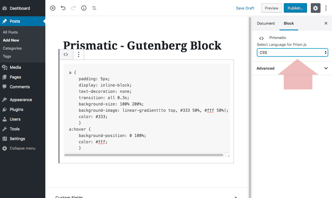 Prismatic block showing added code and language select