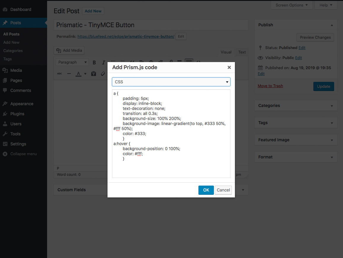 Prismatic TinyMCE panel showing added code and selected language