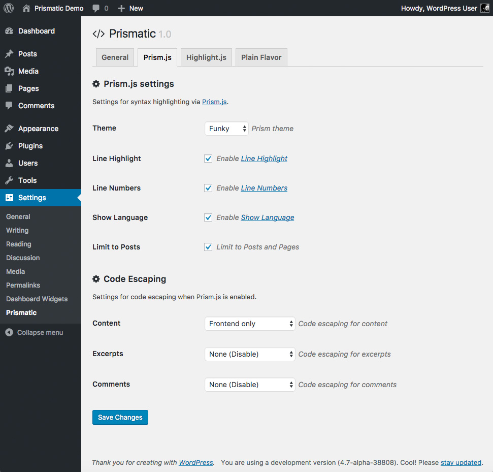 Prismatic Prism.js Settings