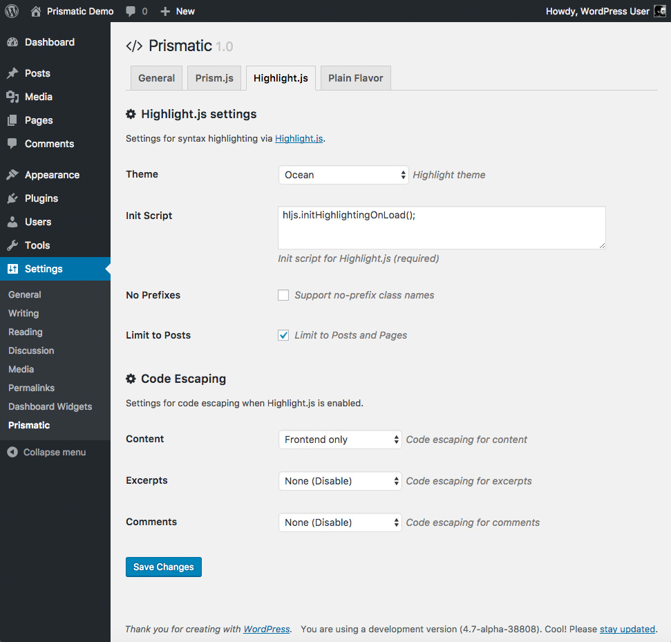 Prismatic Highlight.js Settings