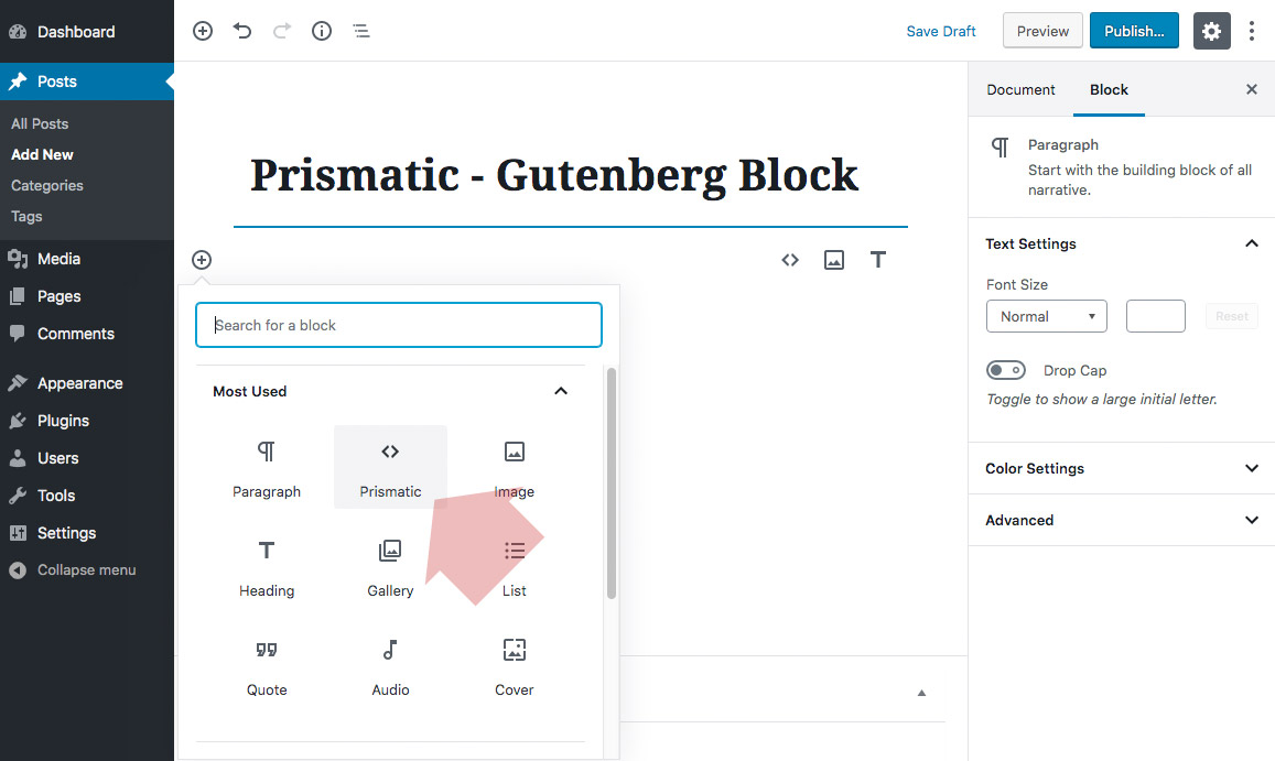 Gutenberg Prismatic block (under Formatting menu)