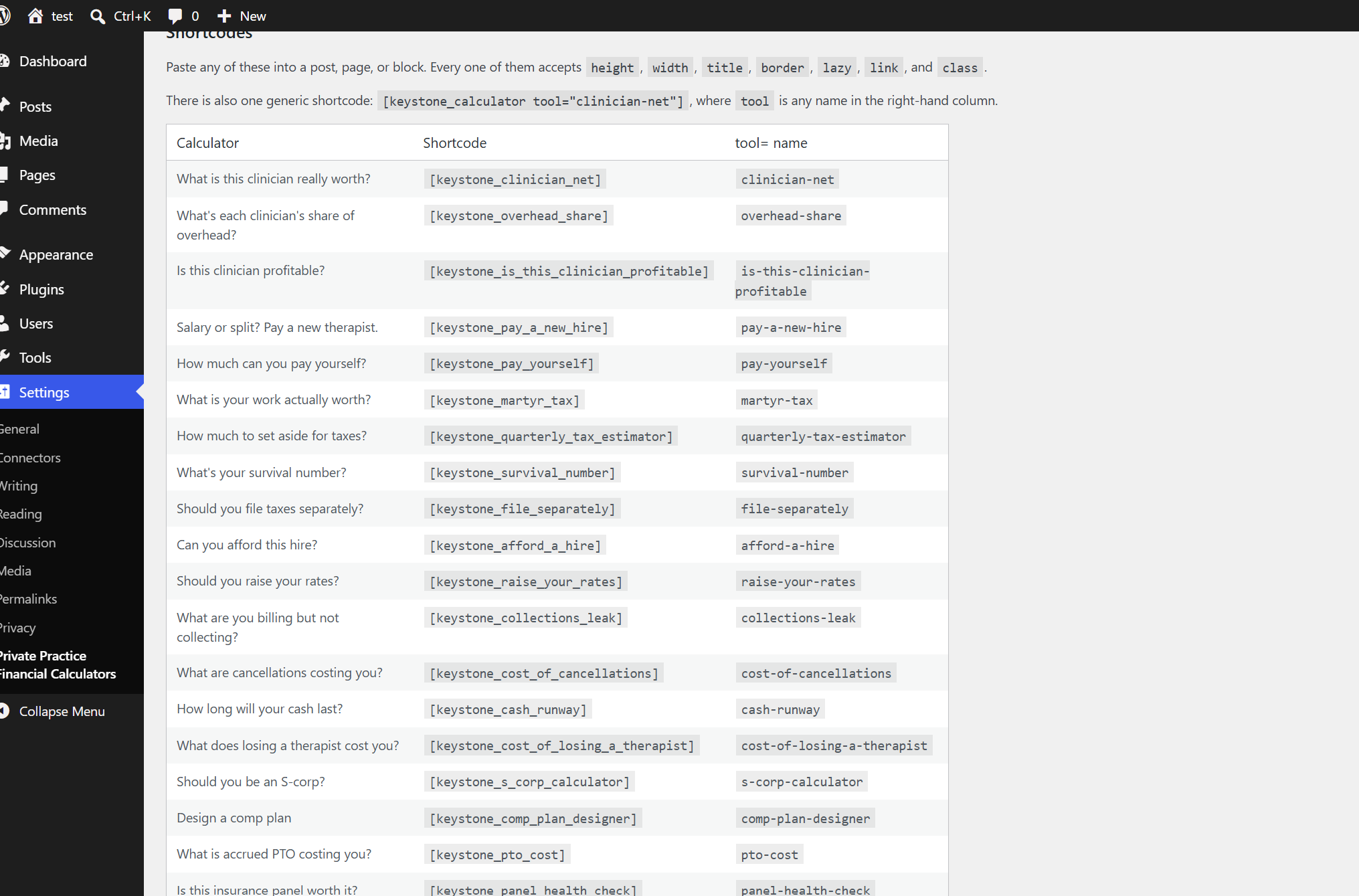 The settings screen: the full shortcode reference, generated from the live list of calculators.
