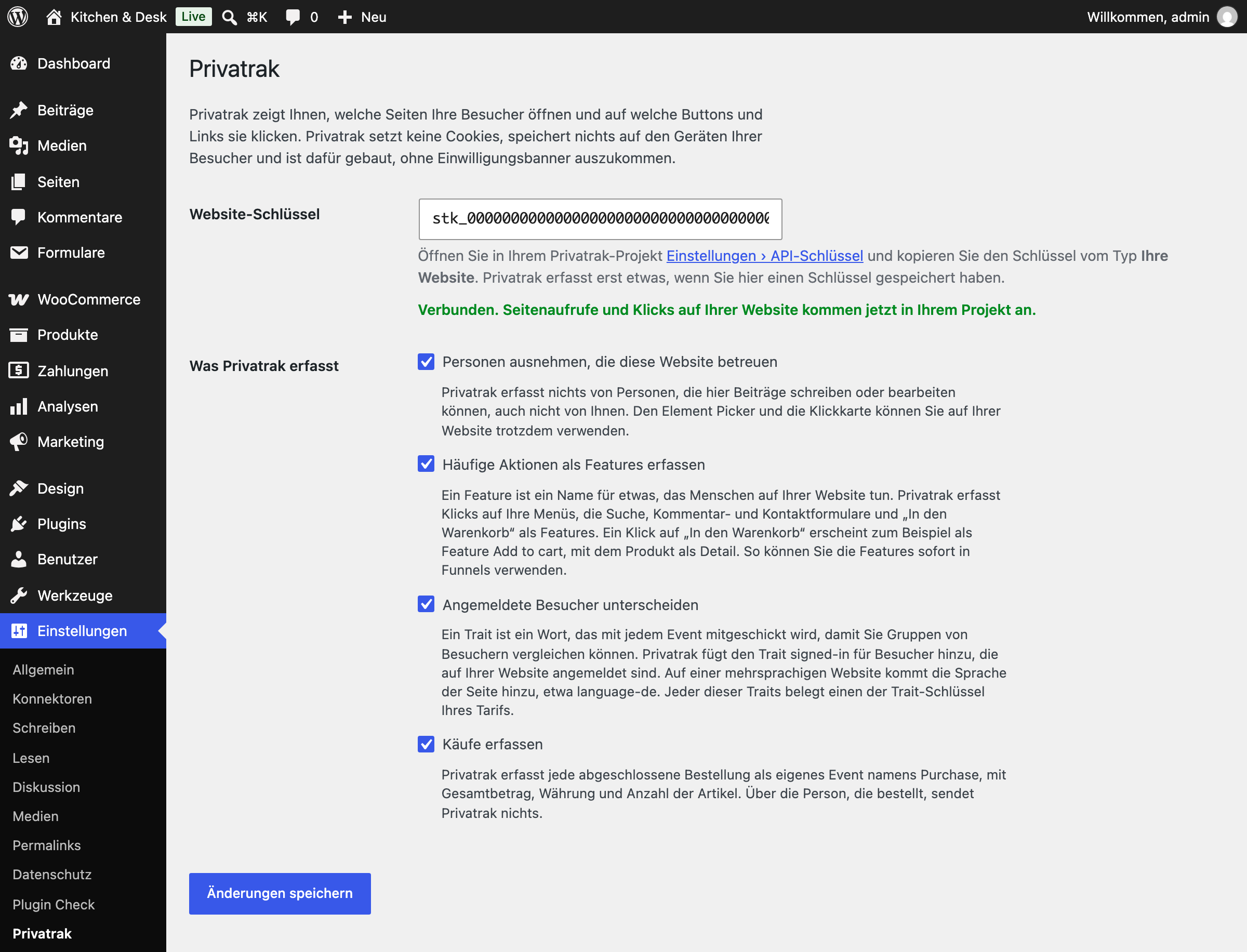 The settings page in WordPress. Paste your website key, and choose what Privatrak records.