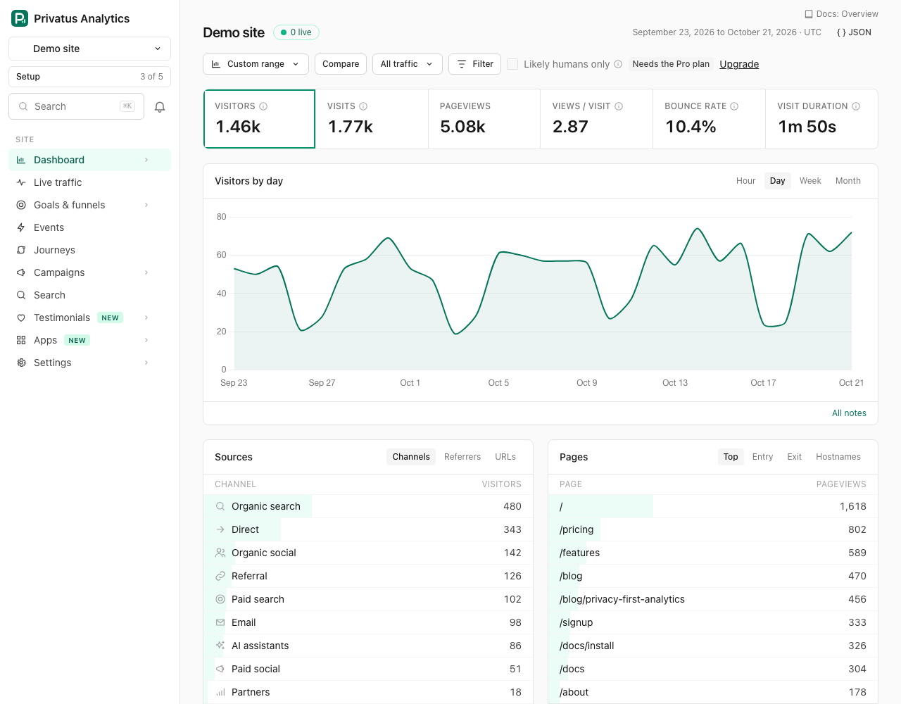 Your Privatus Analytics dashboard: visitors, top pages and where they came from, all on one screen.