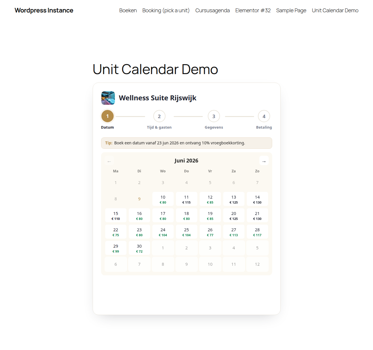 The booking-calendar widget on a page: pick a date in the availability calendar, with live prices and discounts.