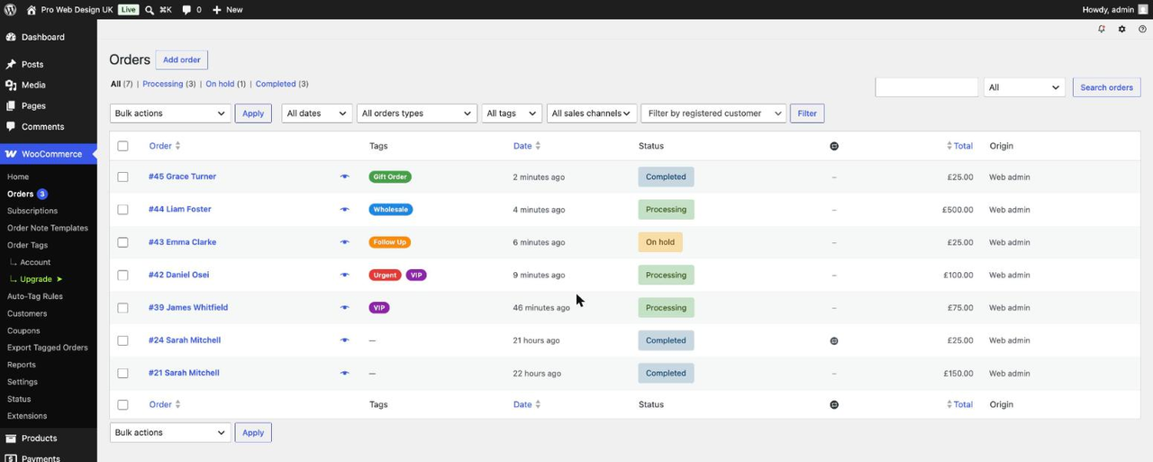 Tags column on the WooCommerce Orders list.