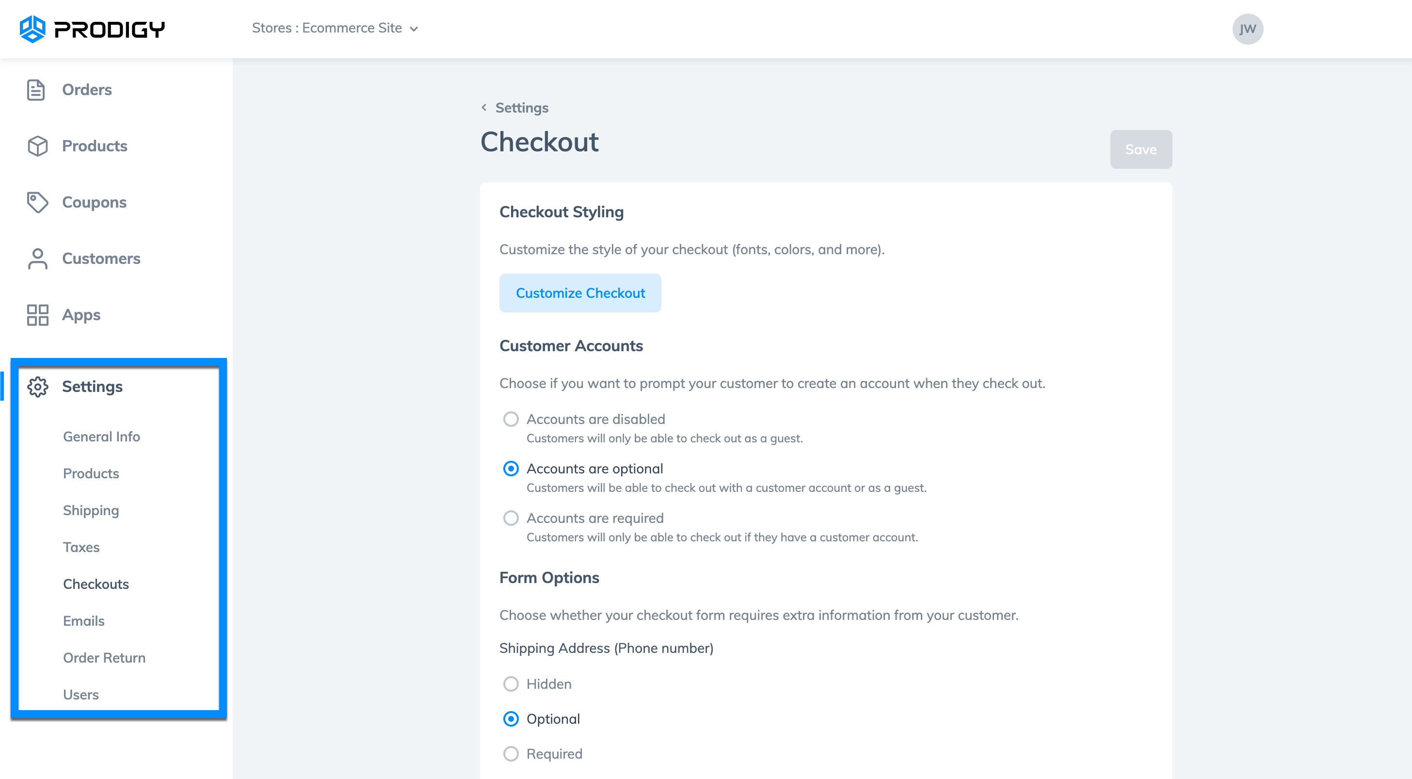 Prodigy settings for products, shipping, taxes, and more