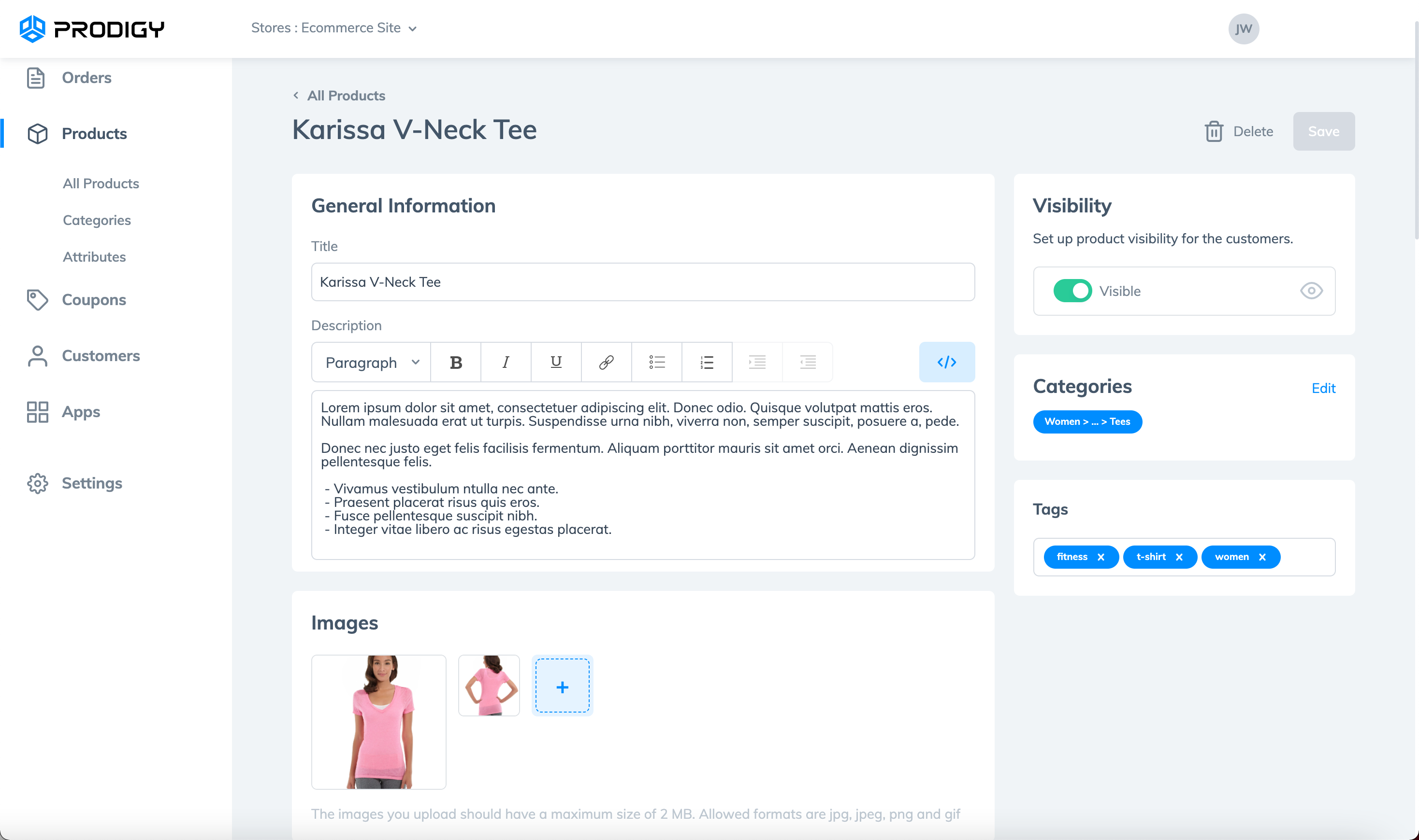 Product details on the Prodigy dashboard