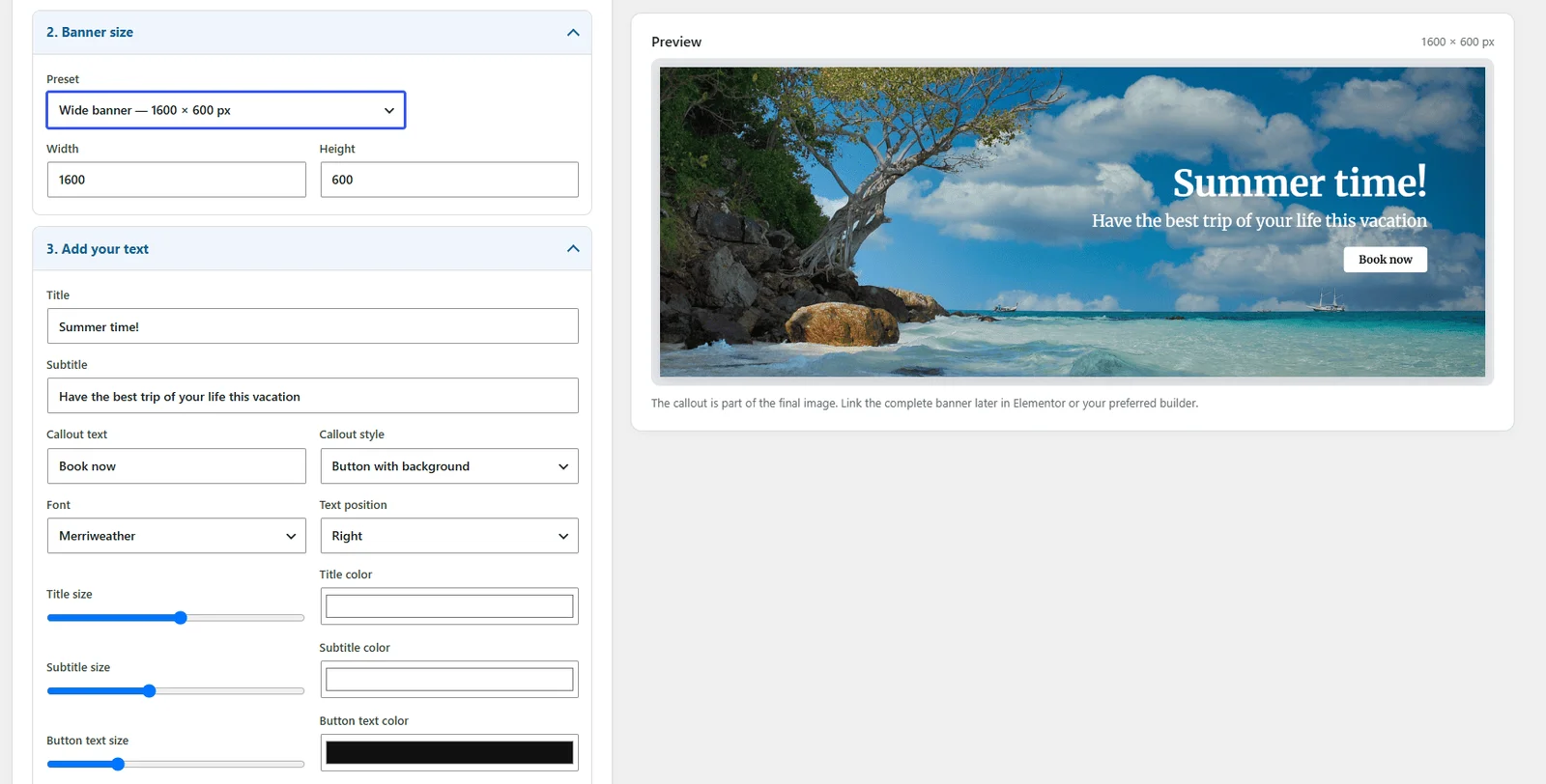 Banner size, title, subtitle, callout, font and text-position controls with live preview.