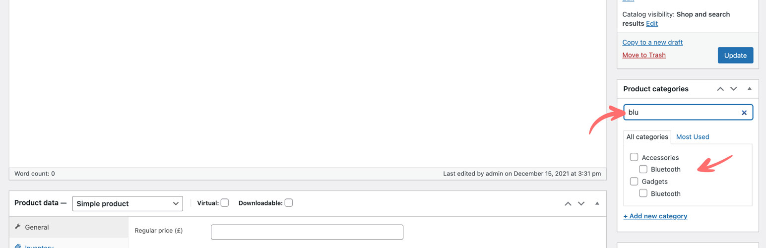 Product categories search admin for woocommerce