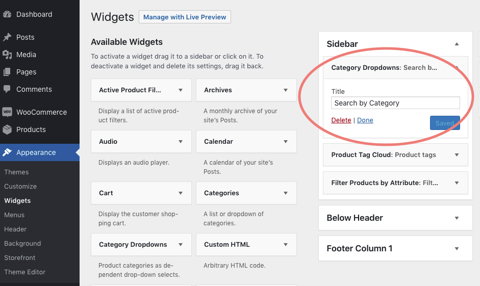 Category Dropdowns widget on the Widgets page in WordPress dashboard.