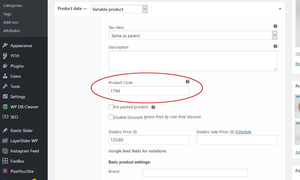 The Product Code as found in a Variable Product