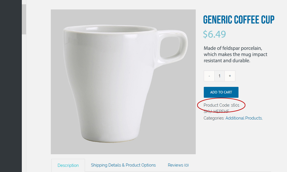 The Product Code appears under the SKU on the user side