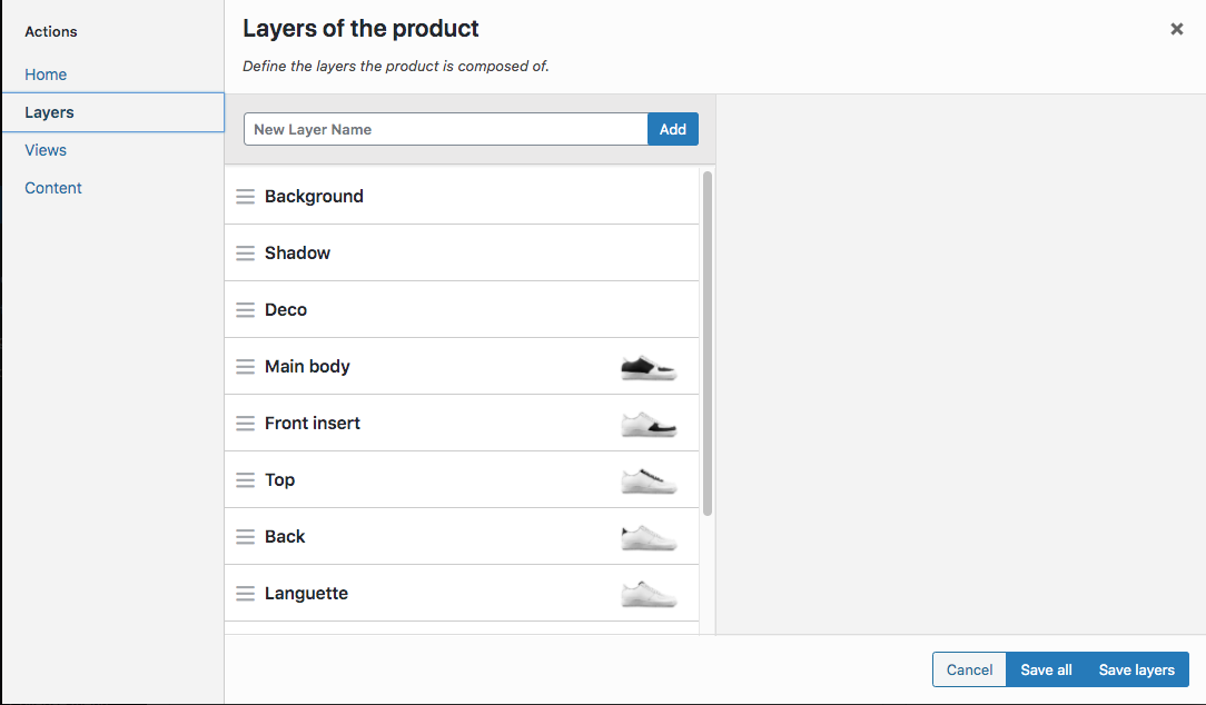 Editing a configuration - Layers screen