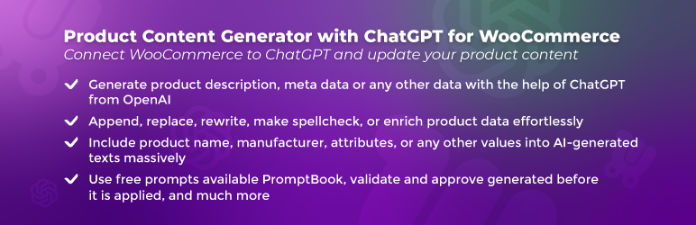 WordPress 外掛 Product Content Generator with ChatGPT for WooCommerce 的封面圖片。