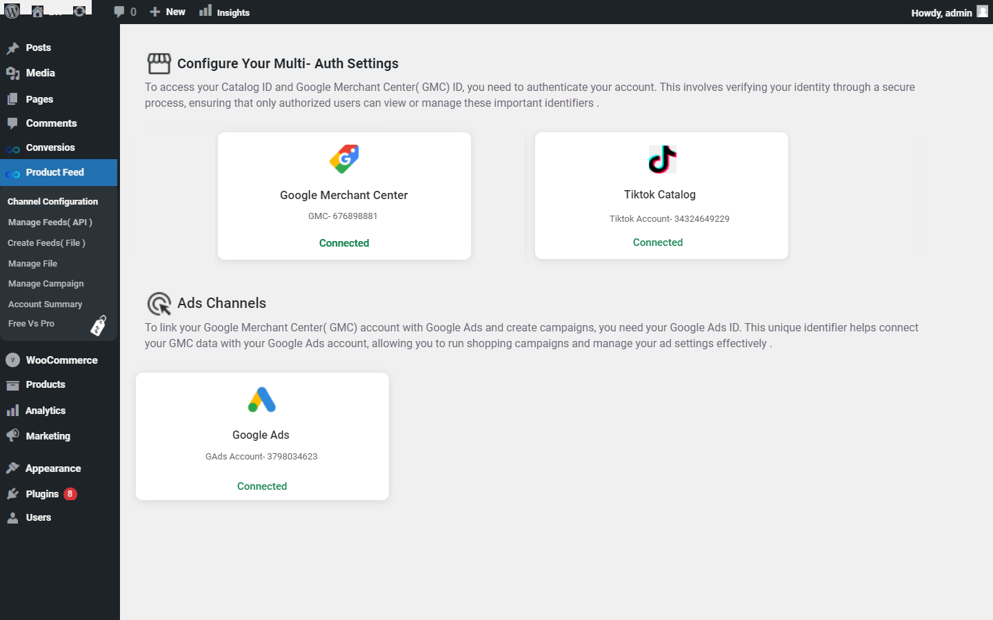 Multiple Channel Configuration Screen for Product Feed .