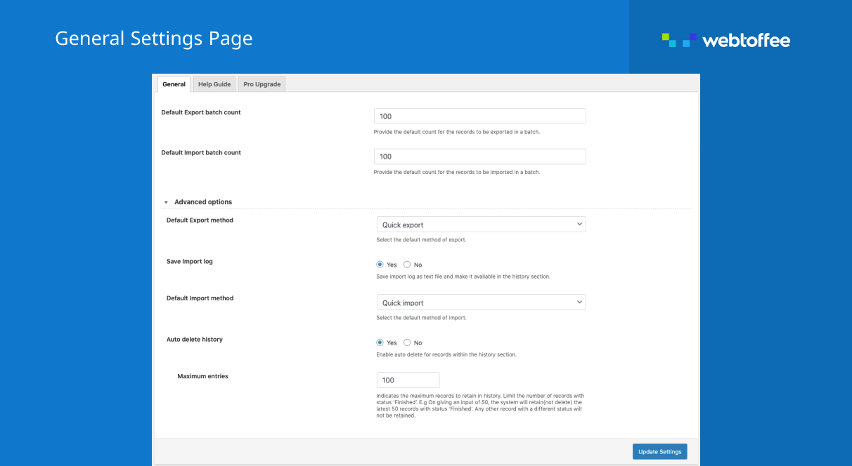 General settings for WooCommerce product import export plugin